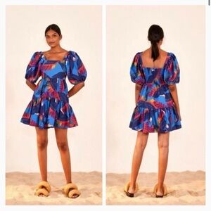 FARM Rio Blue Multicolor Puff-Sleeve Tiered Mini Dress
